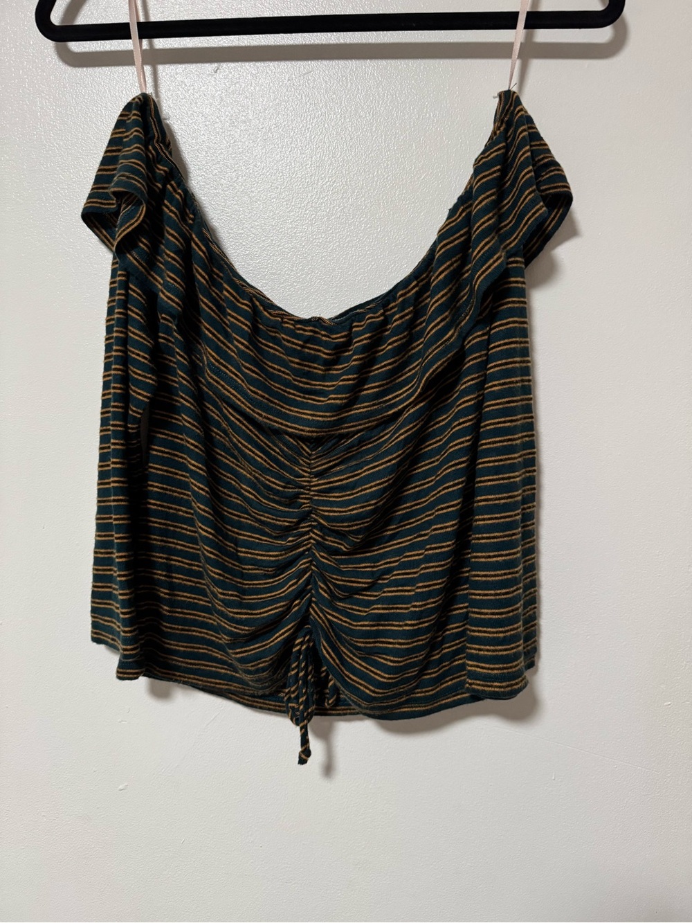 Striped Drawstring Off-Shoulder Women’s Top in Dark Green and Mustard